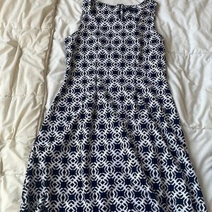 Square neck navy white patterned dress